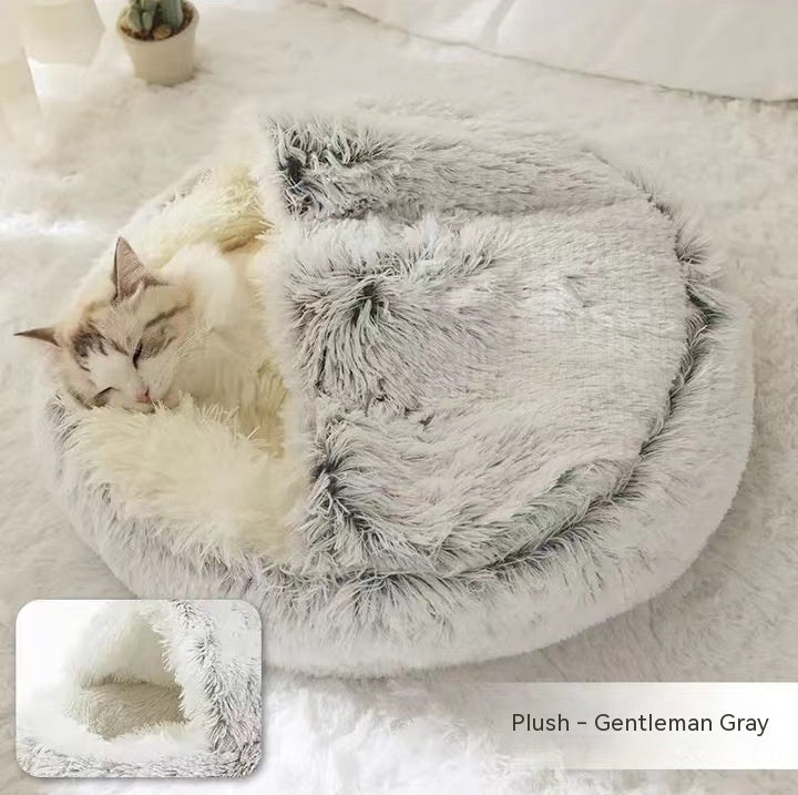 Pet 2 In 1 Plush Warm Round Bed House Pet Bed