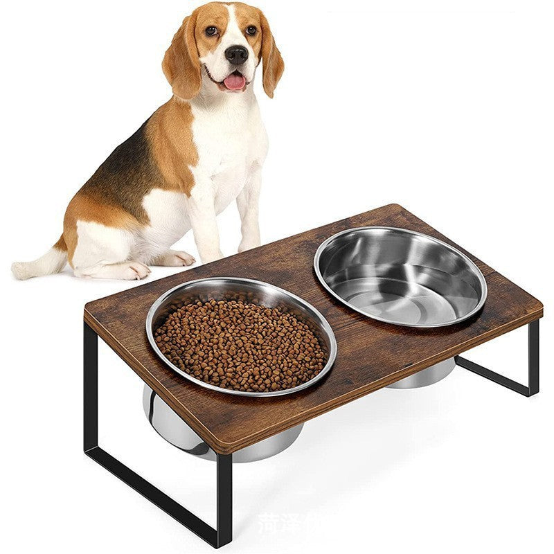 Iron And Wood Pet Feeding Rack With Bowl
