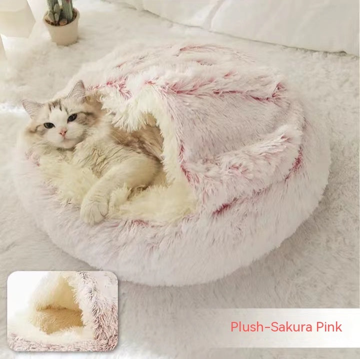 Pet 2 In 1 Plush Warm Round Bed House Pet Bed
