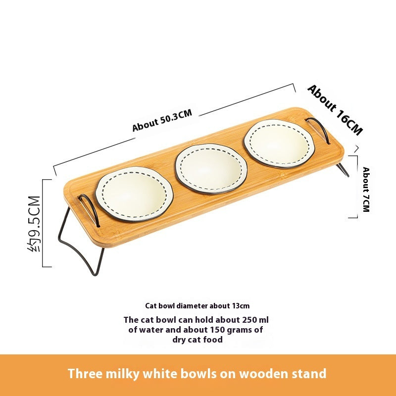 Wooden Pet Feeding Rack With Ceramic Anti Spill Bowls