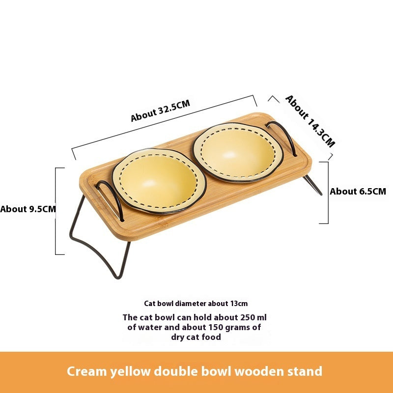 Wooden Pet Feeding Rack With Ceramic Anti Spill Bowls