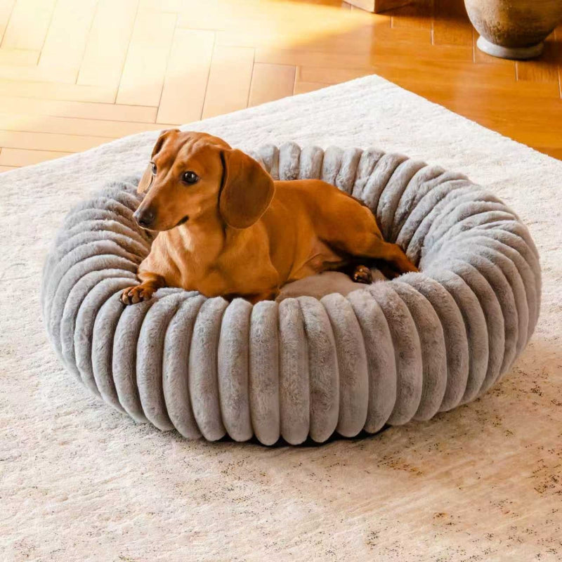 High Grammage Plush Vertical Stripe Pet Bed Round Winter Warm Mat