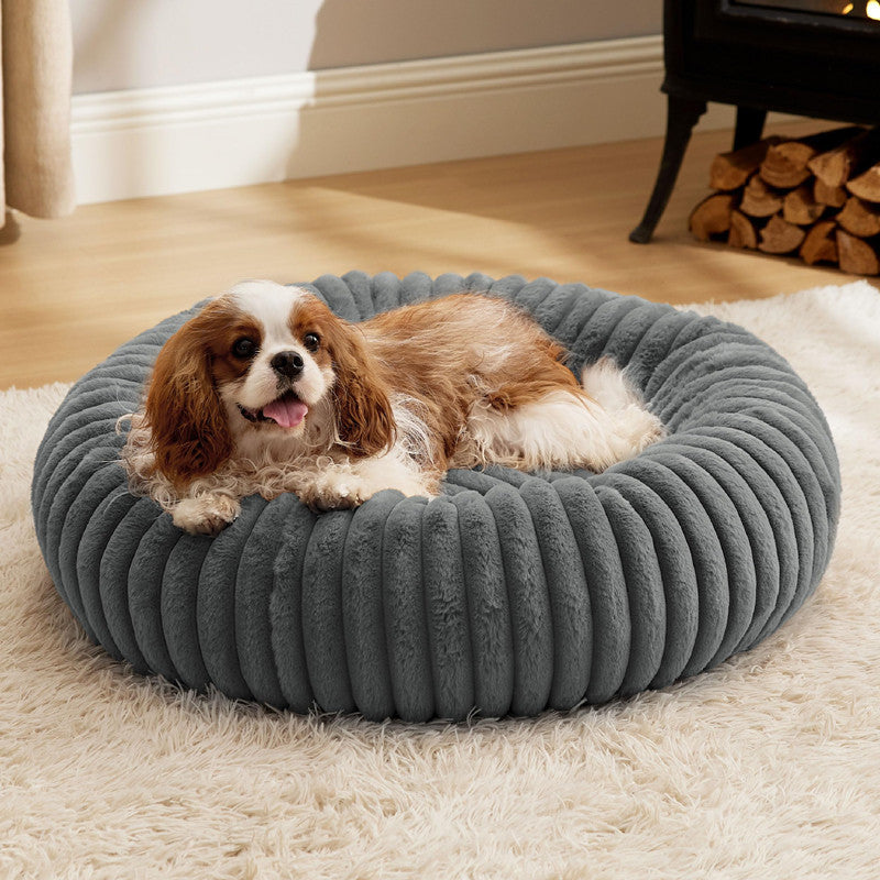 High Grammage Plush Vertical Stripe Pet Bed Round Winter Warm Mat