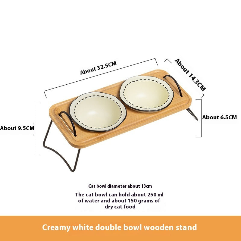 Wooden Pet Feeding Rack With Ceramic Anti Spill Bowls