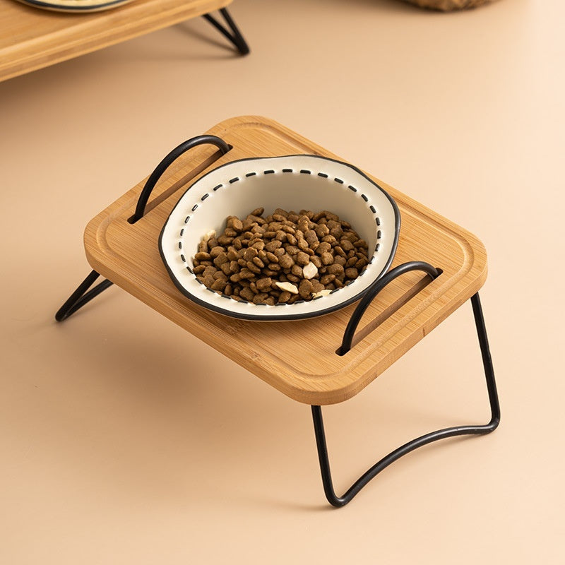 Wooden Pet Feeding Rack With Ceramic Anti Spill Bowls