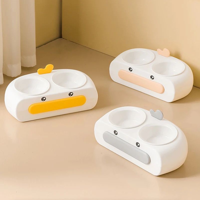 Duck Design Plastic Pet Double Bowl Feeding Tray