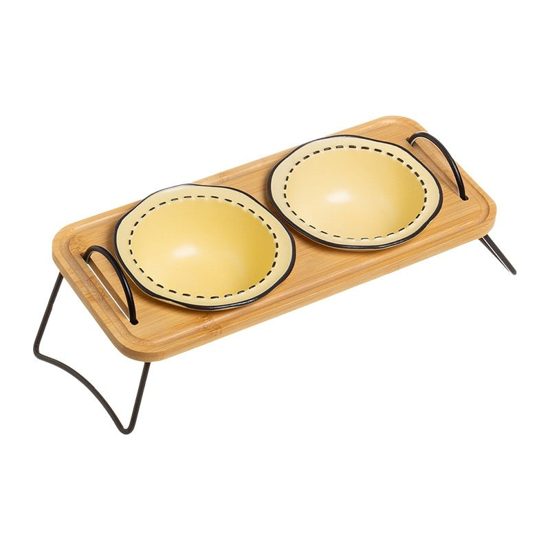 Wooden Pet Feeding Rack With Ceramic Anti Spill Bowls