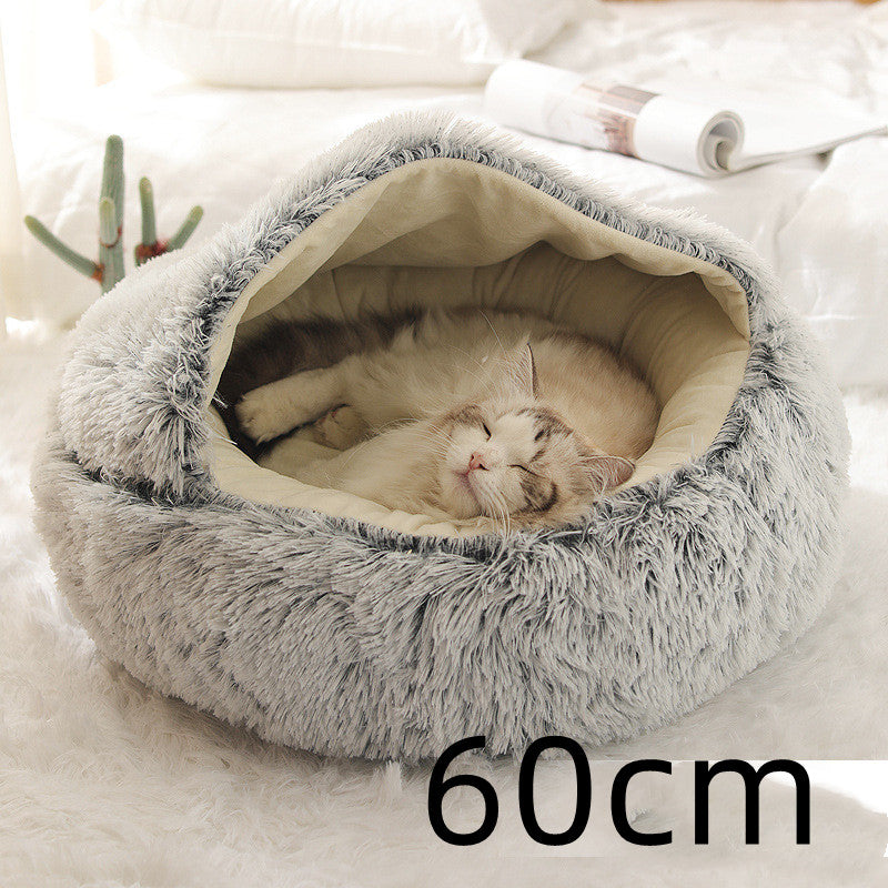 Pet 2 In 1 Plush Warm Round Bed House Pet Bed