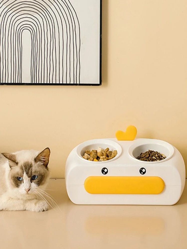 Duck Design Plastic Pet Double Bowl Feeding Tray