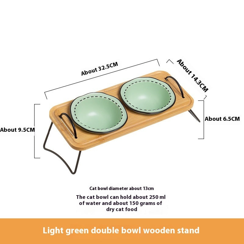 Wooden Pet Feeding Rack With Ceramic Anti Spill Bowls